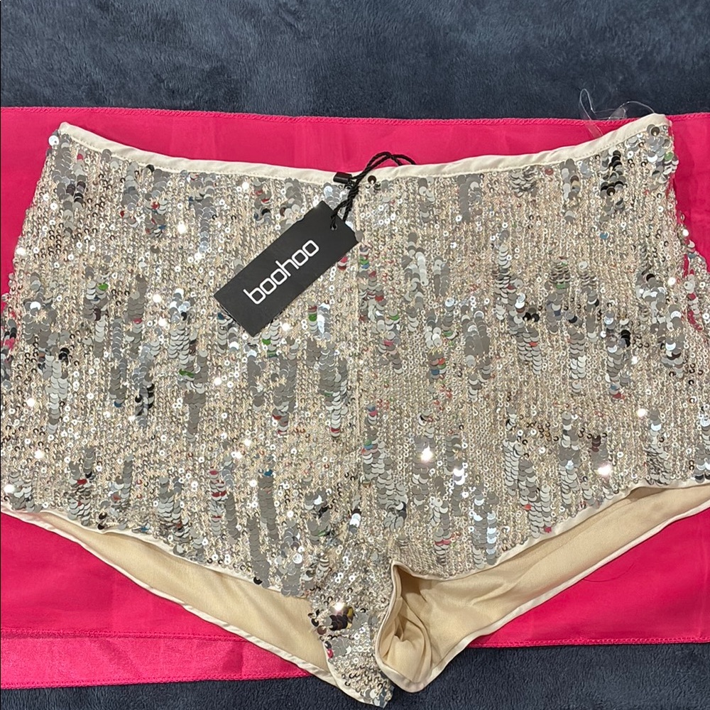 Boohoo Sequin Shorts in Gold and Cream